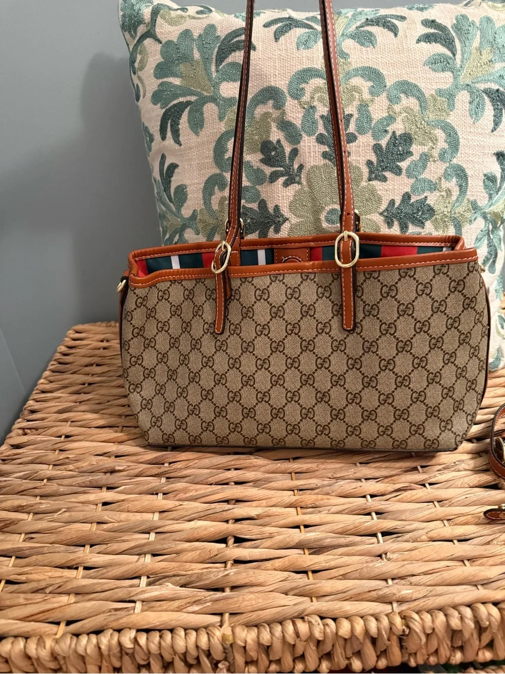 Beige GG Supreme Canvas Tote with Brown Leather Trim